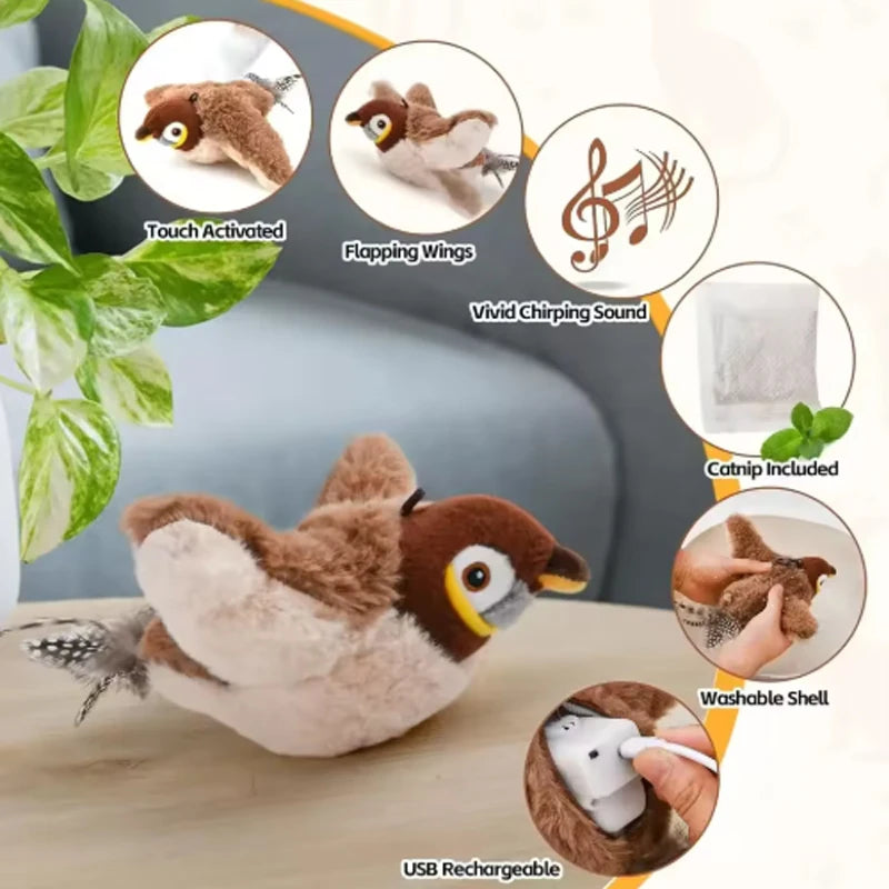 Rechargeable Dancing Bird Cat Toy with Real Chirping Sound & Catnip
